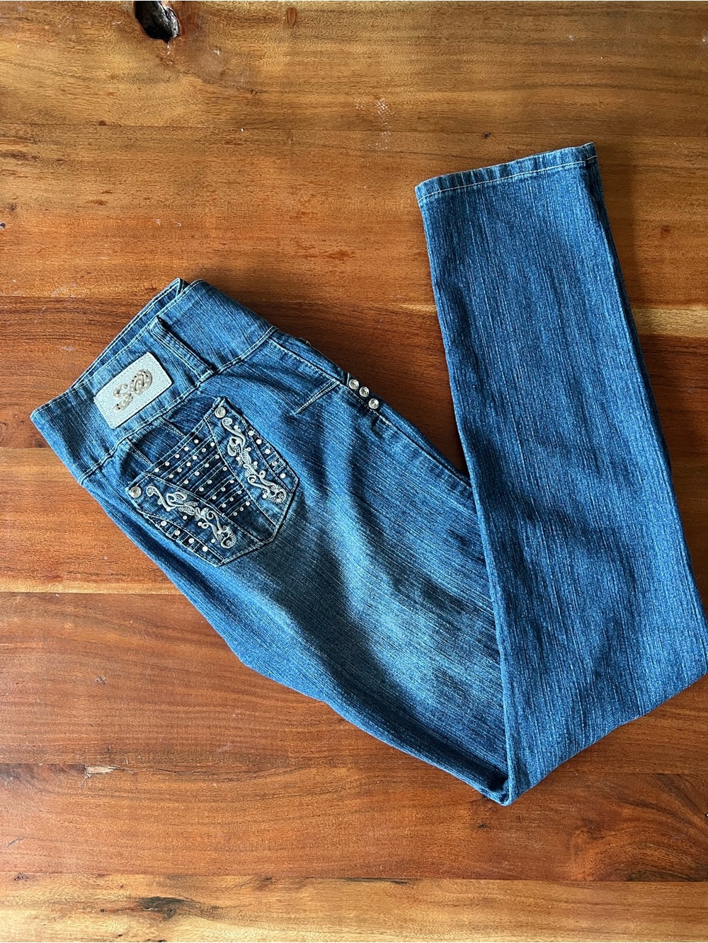 Y2K super low rise Embellished Blue Denim Jeans with Studded Back Pocket
